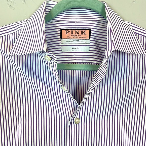 Thomas Pink Men Slim Fit 100% Cotton Dress Button Down French Cuff Shirt 15.5 - Picture 1 of 11